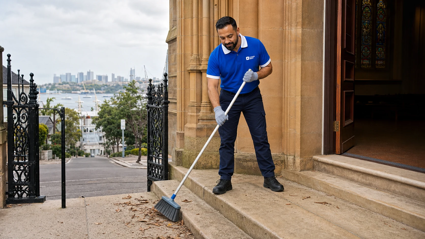 Clean Best cleaner hand-polishing a timber pew in a Blacktown NSW place of worship