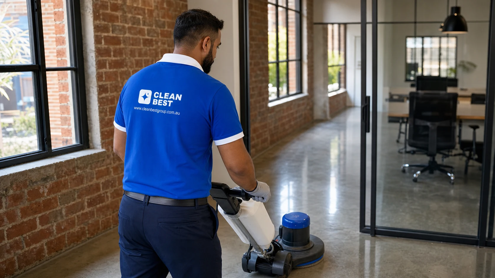 Close detail of a Clean Best cleaner disinfecting a touchpoint during a commercial clean in Blacktown NSW