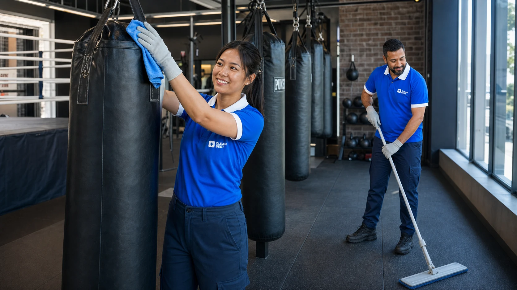 Clean Best cleaner wiping gym equipment before opening in Blacktown NSW