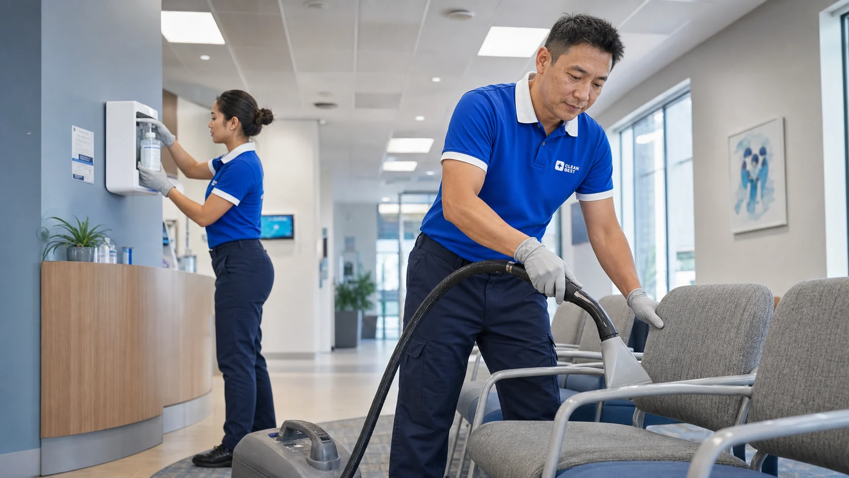 Clean Best cleaner disinfecting a consult room bench in a Blacktown medical centre NSW