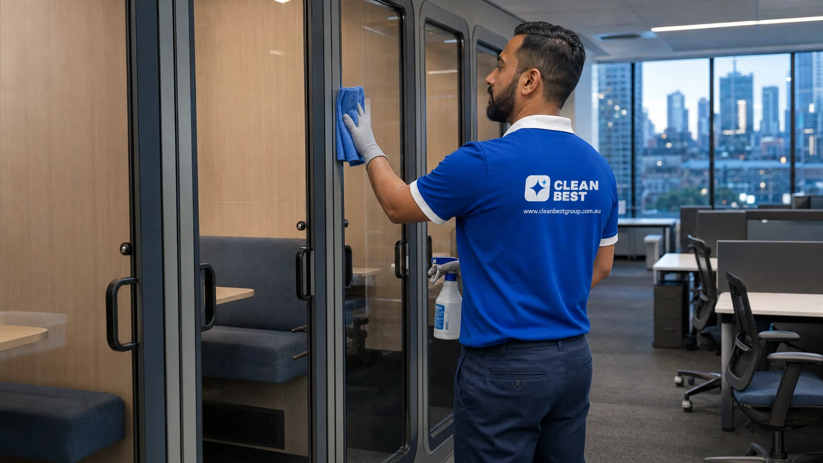 Close detail of a Clean Best cleaner finishing a workstation surface in a Blacktown office NSW