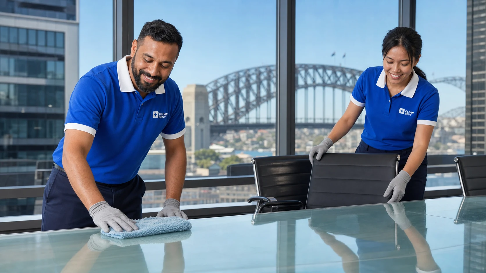 Clean Best cleaner wiping desks in an open-plan office in Blacktown NSW