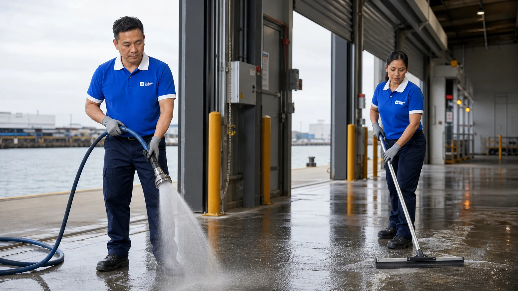 Close detail of a scrubbed concrete warehouse floor and racking leg at a Blacktown NSW unit