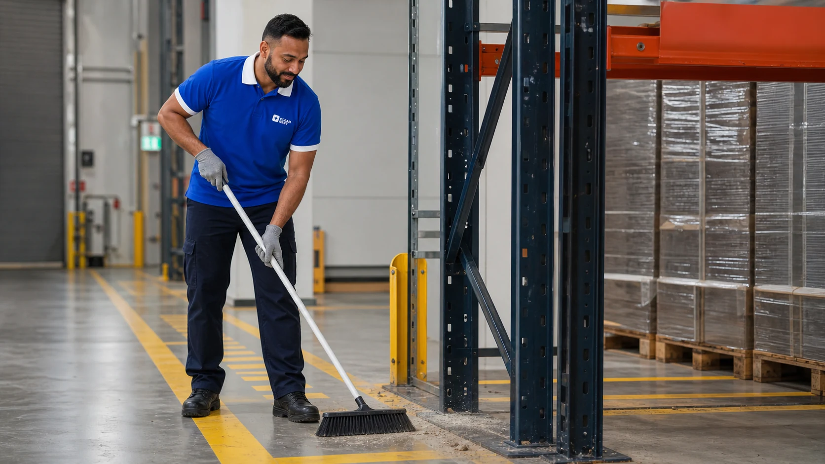 Clean Best operator scrubbing a warehouse aisle floor near Blacktown NSW